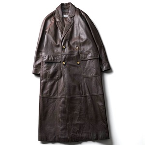 Vintage double breasted maxi length leather coat “BROWN”