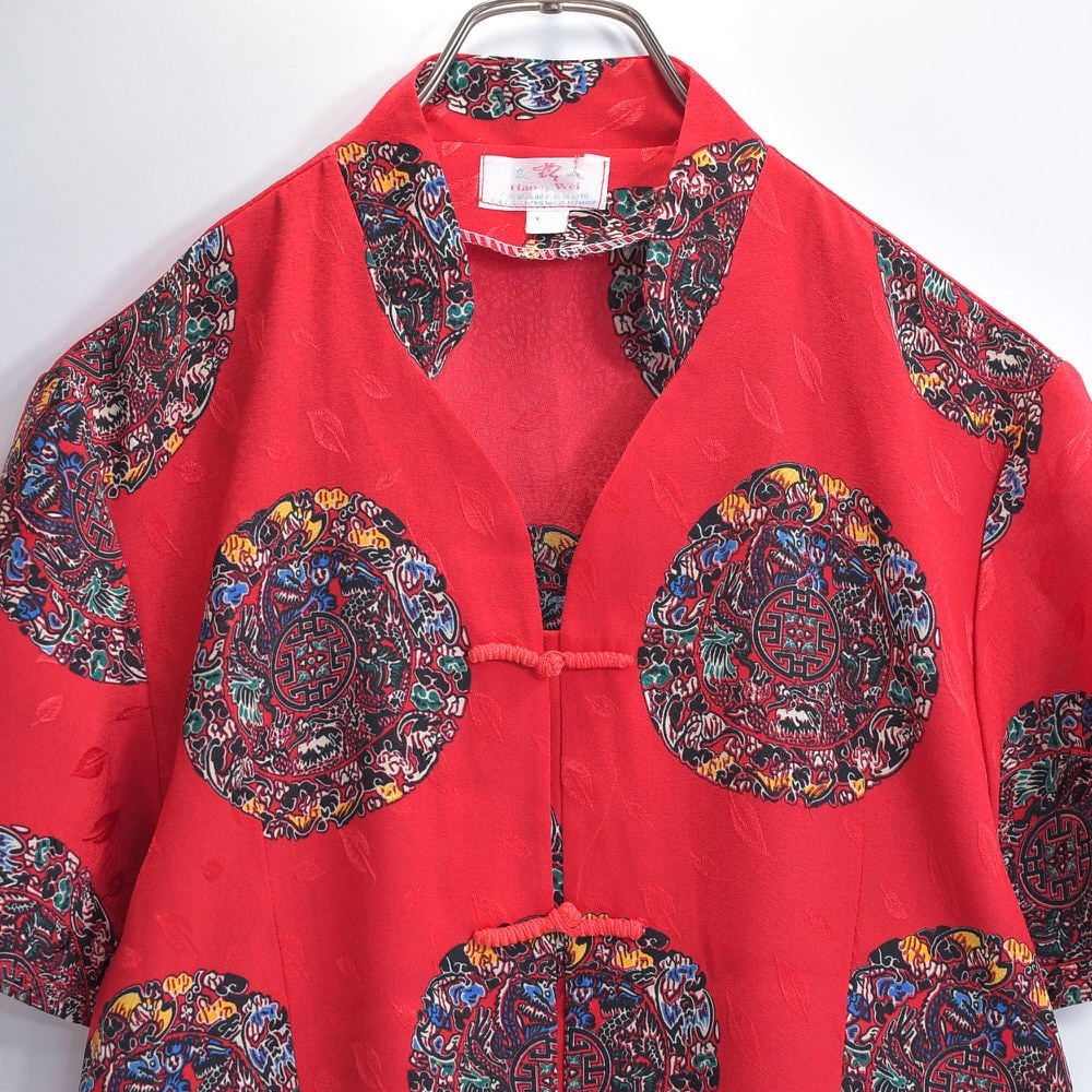 80s-90s Hao Wei チャイナシャツ マンダリンカラー カンフーシャツ 龍 ドラゴン 総柄 レッド ヴィンテージ ビンテージ 古着レディースM相当