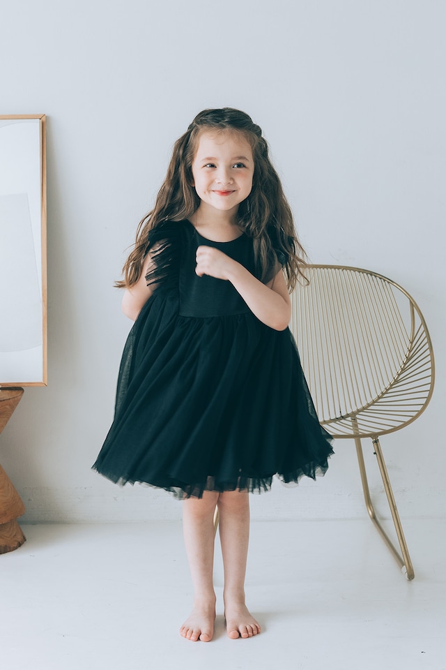 back ribbon tulle dress〈Black〉