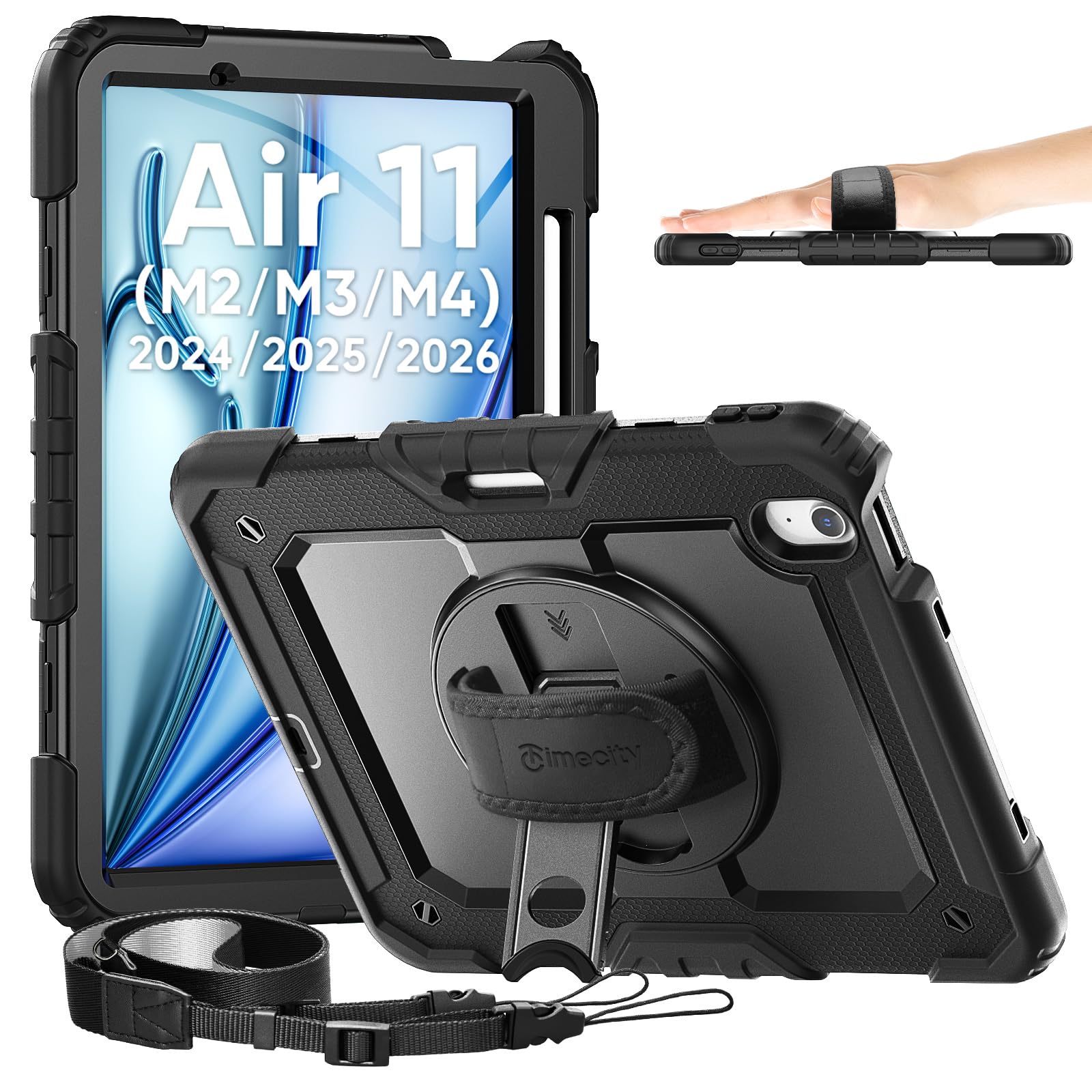 Timecity iPad Air 11インチ (M4/M3/M2) 専用ケース 耐衝撃 ハンドグリップ/ショルダーストラップ付き ブラック