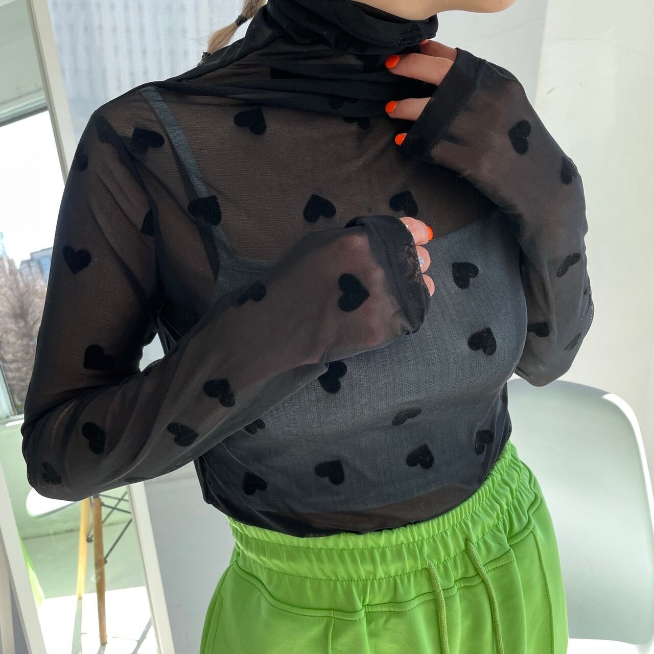 heart pattern sheer turtleneck_LN0929