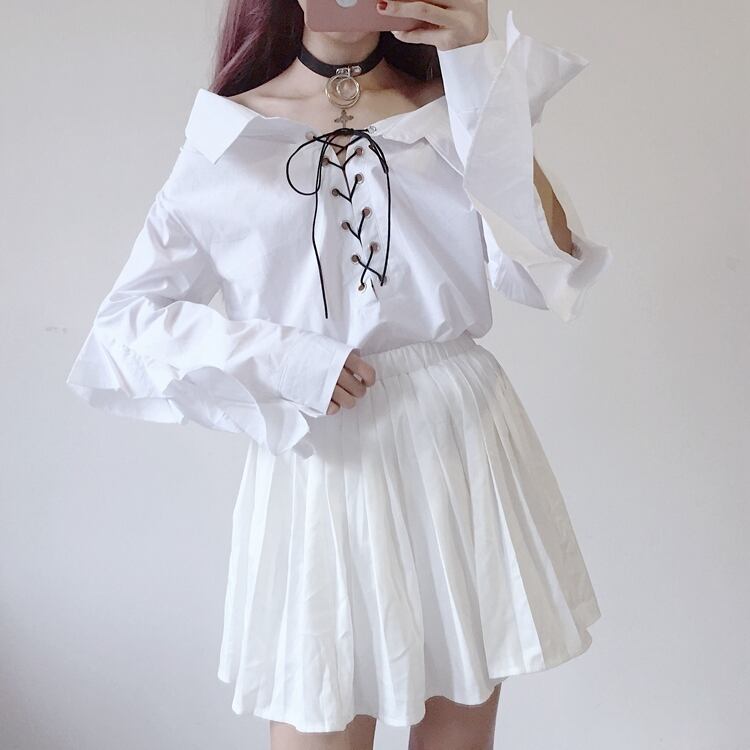 ブラウス レースアップ リボン ホワイト 白シャツ トップス ロング