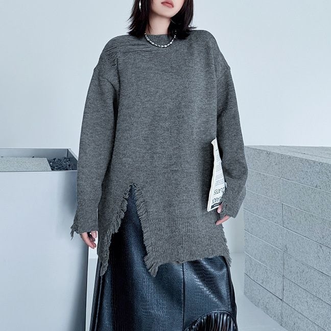 SOLID ROUND NECK SPLIT HEM PULLOVER KNIT 2colors M-15168