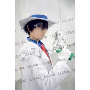 K1636b 名探偵コナン☆ 怪盗キッド 風 コスプレ衣装+右メガネ+ウィッグ