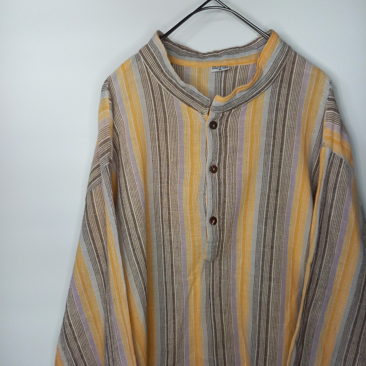 バンドカラー　チロリアンシャツ　プルオーバー　長袖　インド綿　ストライプ