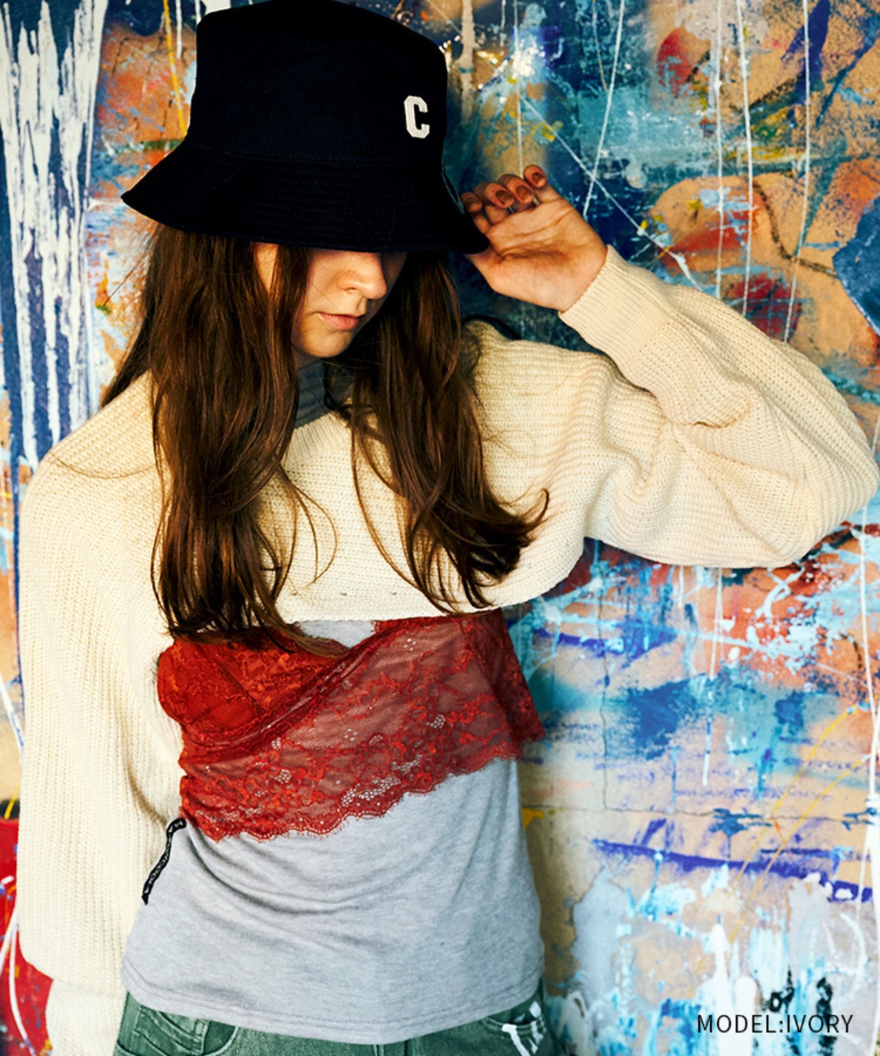 【直営店限定ITEM】クロップドアシメトリーニットTOPS (IVORY) CQ-45099H