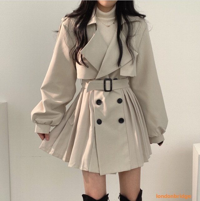 [Beautiful Silhouette ☆ Pleated Dress Trench Coat] Women's Dress Outerwear Trench Coat Dress Pleated Skirt Coat Outerwear With Belt Cute Popular Date Neat Lined Style Up Spring Autumn Winter