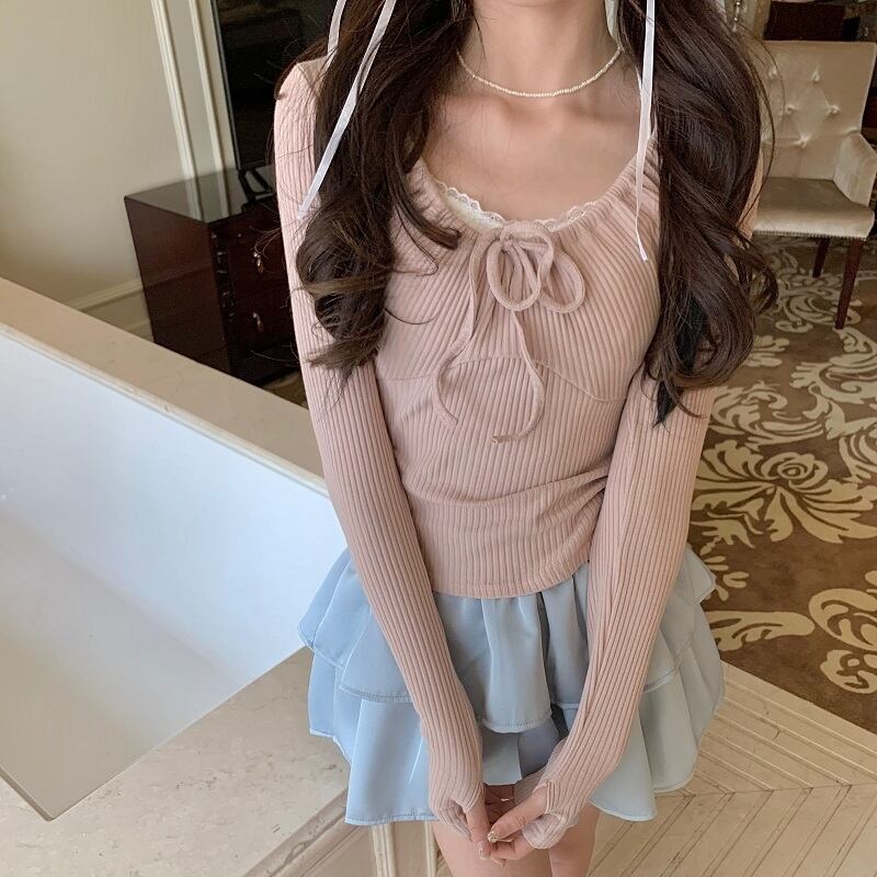 トップス レディース カットソー S M L 指穴カットソー サムホール プルオーバー 長袖 リブ リボン ラウンドネック アプリコット ピンク ブルー ブラック ライトグレー フェミニン バレエ 指穴 かわいい 大人可愛い きれいめ 綺麗 清楚 カジュアル ガーリー シンプル 定番 インナー 上品 エレガント キュート ラブリー ロリータ パステル 通勤 通学 OL 学生 リラックス ラフ ナチュラル 色っぽい おフェロ カワイイ 普段使い 着回し 重ね着 10代 20代 30代 春 夏 秋 冬