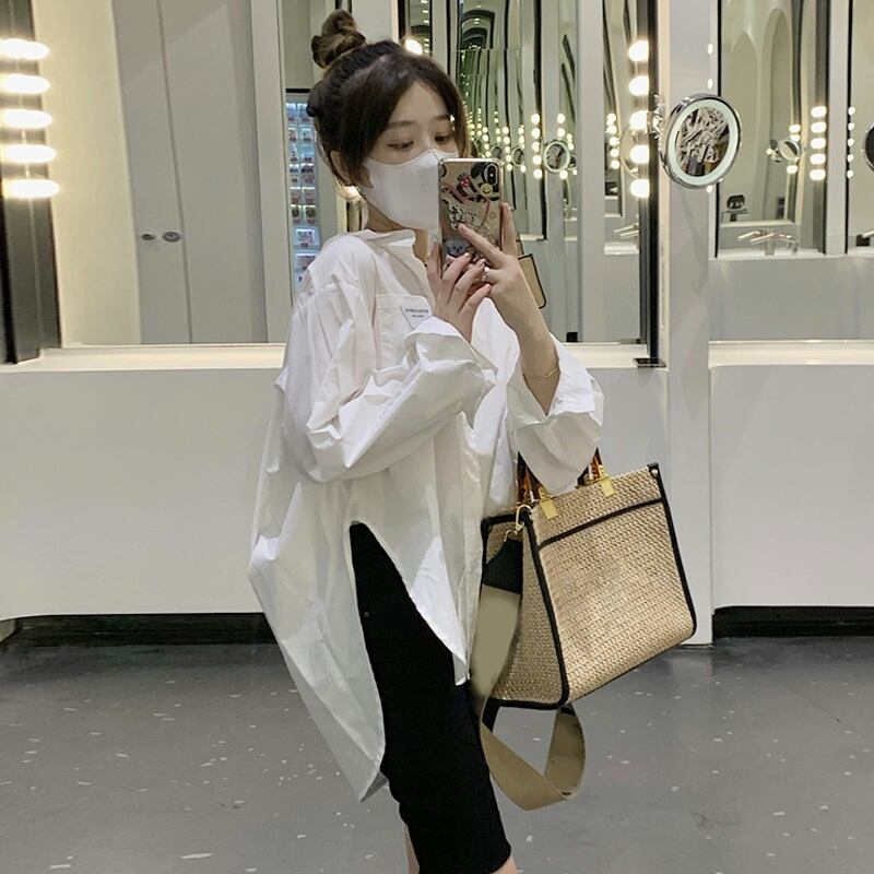 スタンダードホワイトシャツ スプリングオータム ロング レトロ 春物 秋物 試着室5336225568