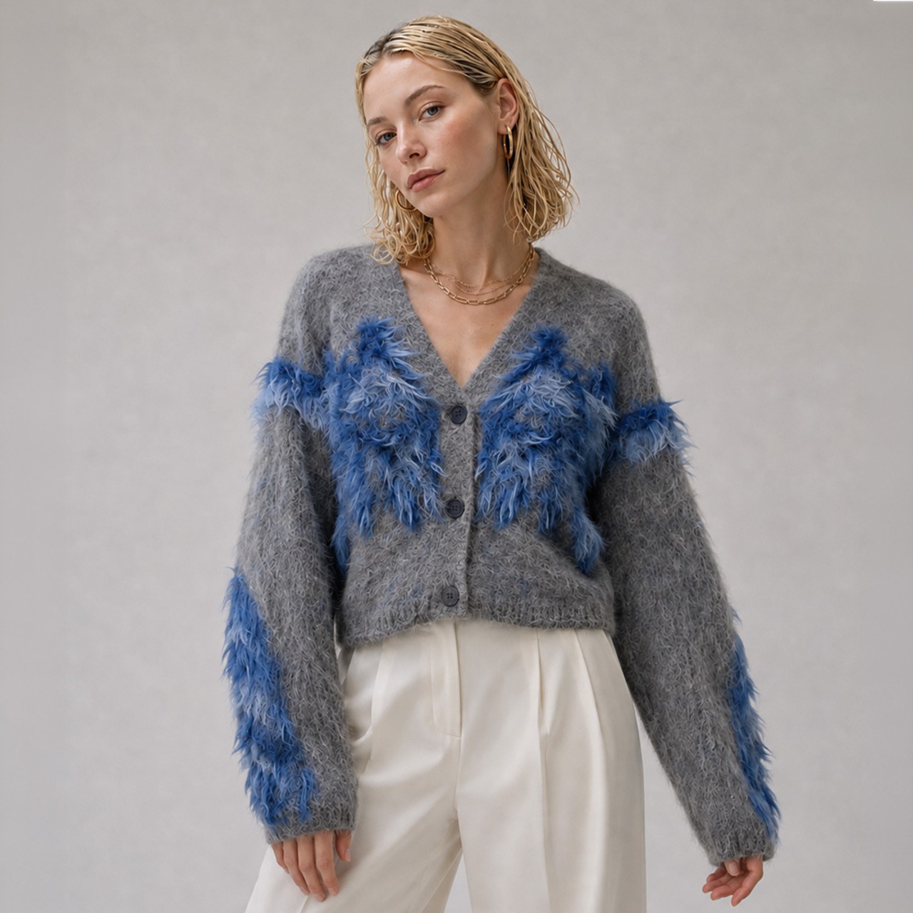 Contrast shaggy cardigan A00049