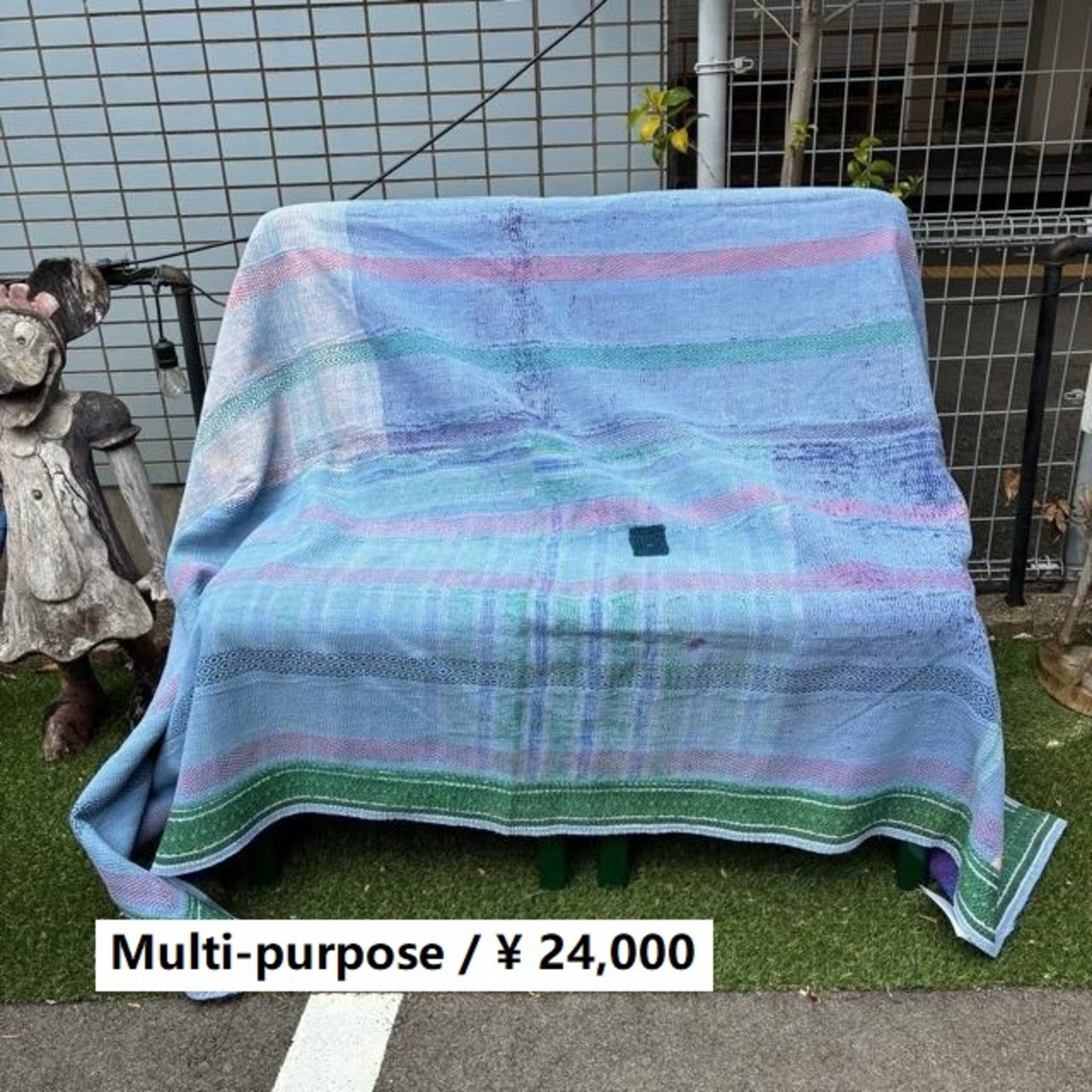 インド　ヴィンテージラリーキルト　24000-4　130×210cm　カンタ　ベッドカバー　ソファカバー　マルチカバー　ハンドメイド　１点もの　ブルー　グリーン