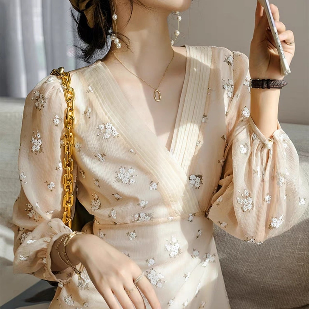 【S-XL】Vネック ナチュラルフローラル ワンピース