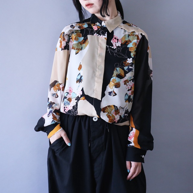 beautiful flower pattern fry-front minimal design see-through shirt