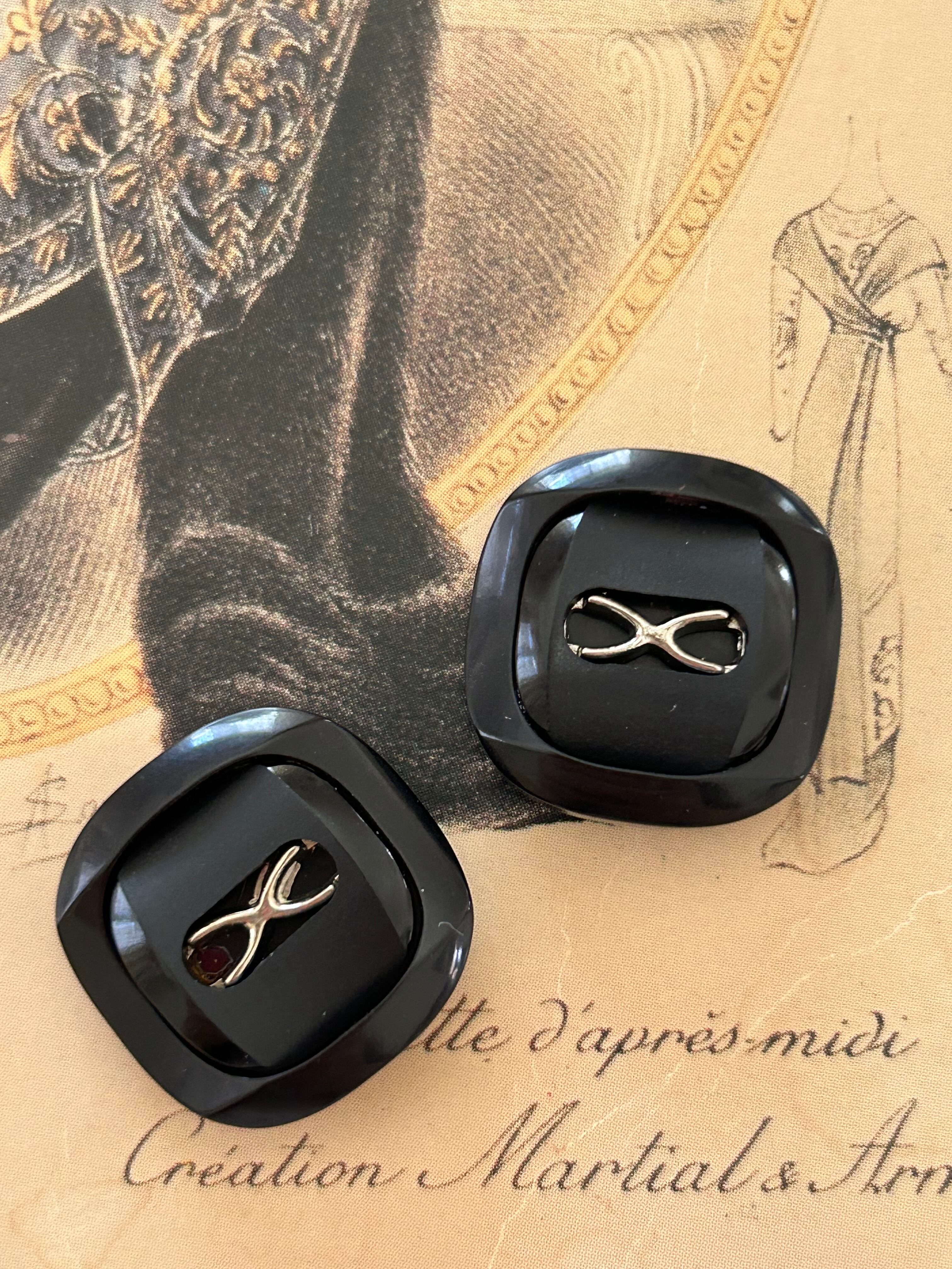 Japanese Vintage ヴィンテージボタン スクウェア カボション ブラック×シルバー 20mm レトロボタン アクセサリーパーツ 装飾材 カルトナージュ