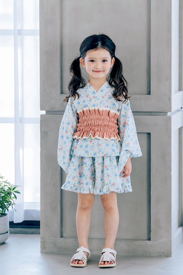 【3点set】YUKATA mini dress〈blue flower〉