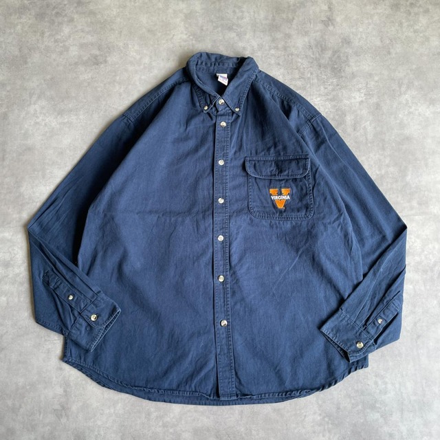 ラッセルアスレチック 無地 シャツ ポケット 刺繍 古着 XL 紺 13275