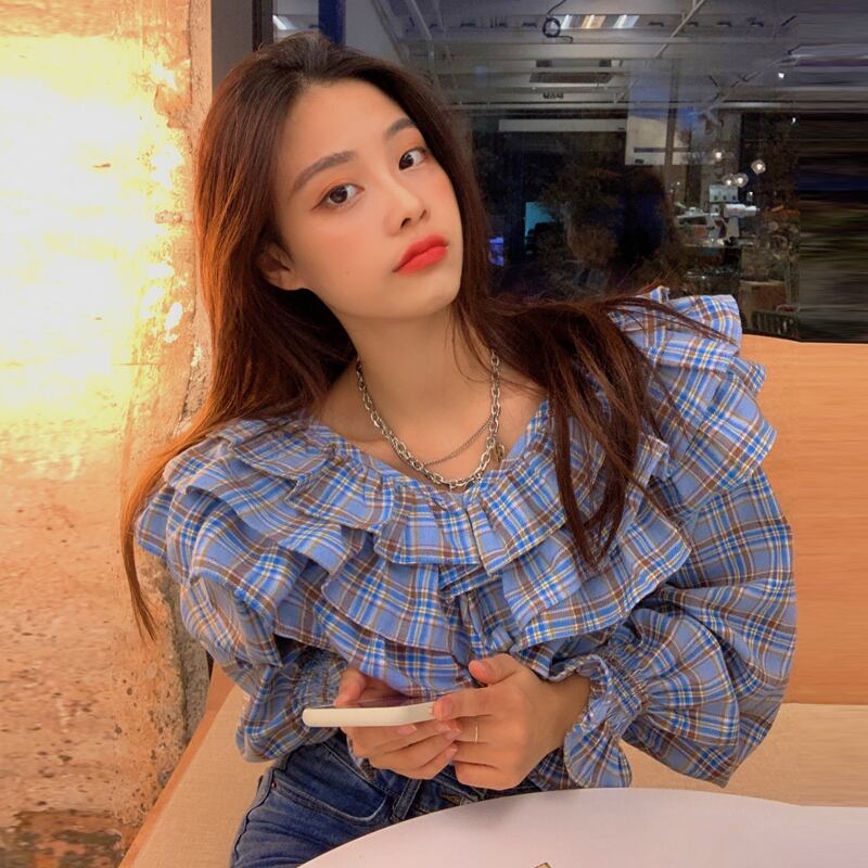 シャツ スプリングルーズVネック格子柄レディース 春物 試着室81383079455