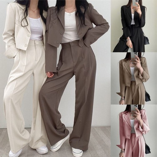 5カラー セットアップ 2点セット ショートジャケット ワイドパンツ ショート丈 テーラードジャケット タックパンツ パンツスーツ ツーピース 長袖 レトロ 大人可愛い ガーリー フォーマル カジュアル a740940979194