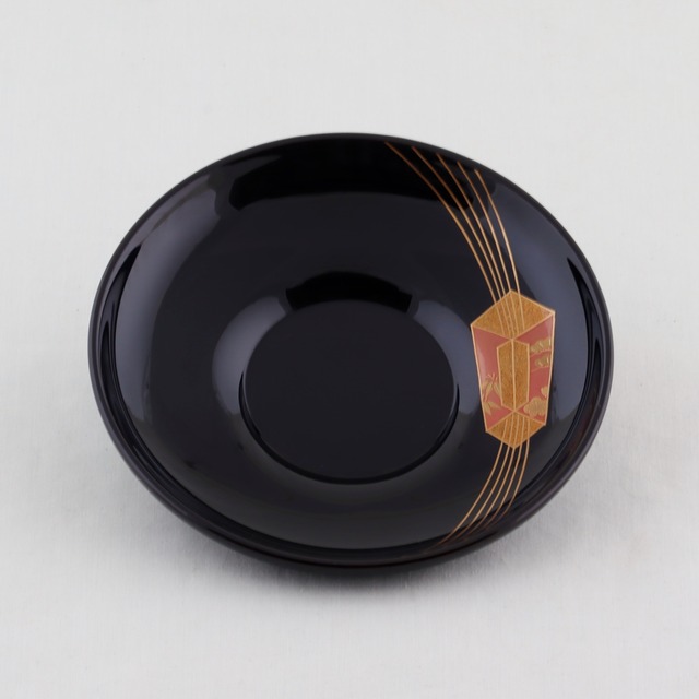 1614  輪島塗　茶托／4.2ダルマ形／黒塗／熨斗蒔絵／五枚組