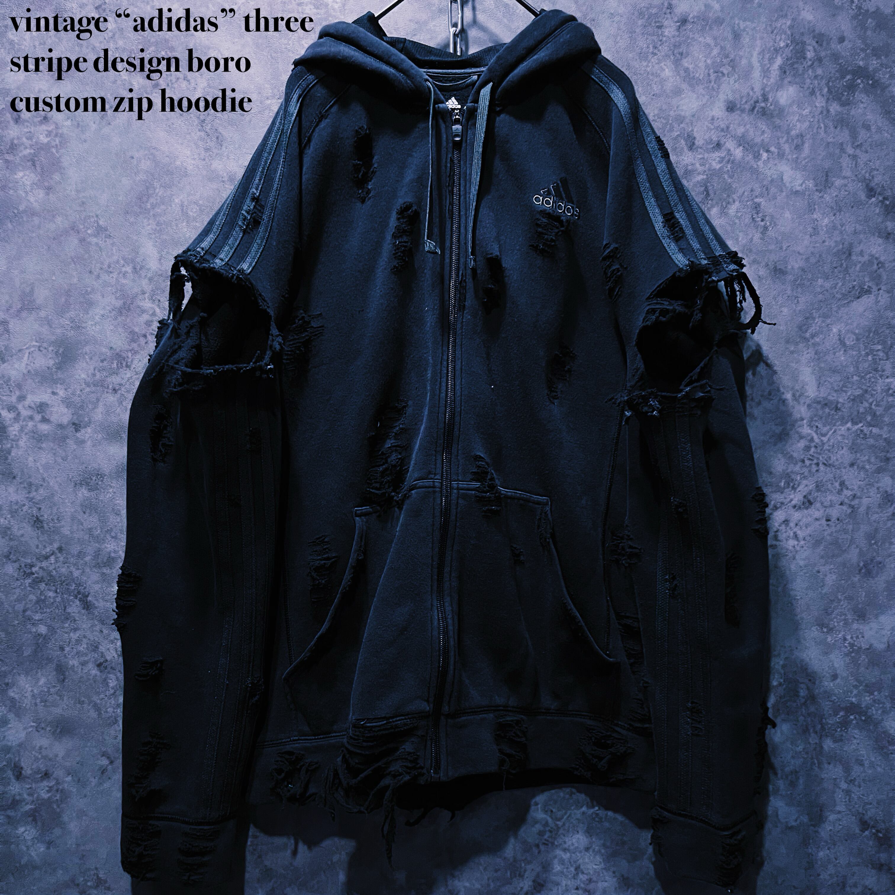 【doppio】vintage “adidas” three stripe design boro custom zip hoodie
