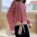 ✞ リボン長袖スリーブラウンドネックカラーストライプショートTシャツ トップス ロング スウィート ✞ゴスロリ SM ミリ 甘ロリ クラロリ 和ロリ エレガント 黒ロリ 姫ロリ 華ロリ BB-BB91576827241