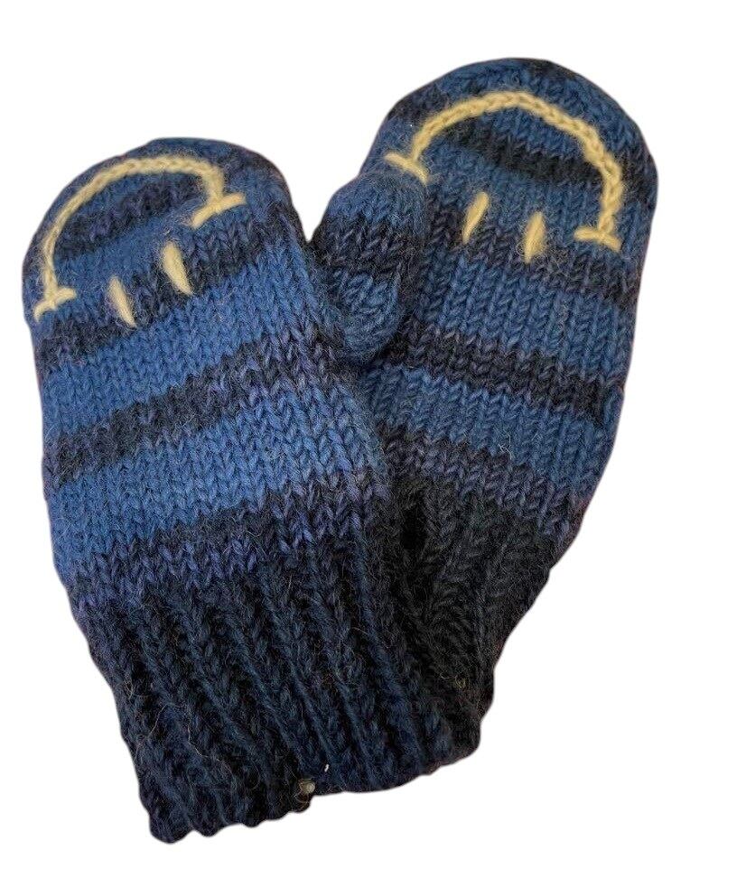 手編み裏フリースミトン・スマイル(ブルー・グレー)