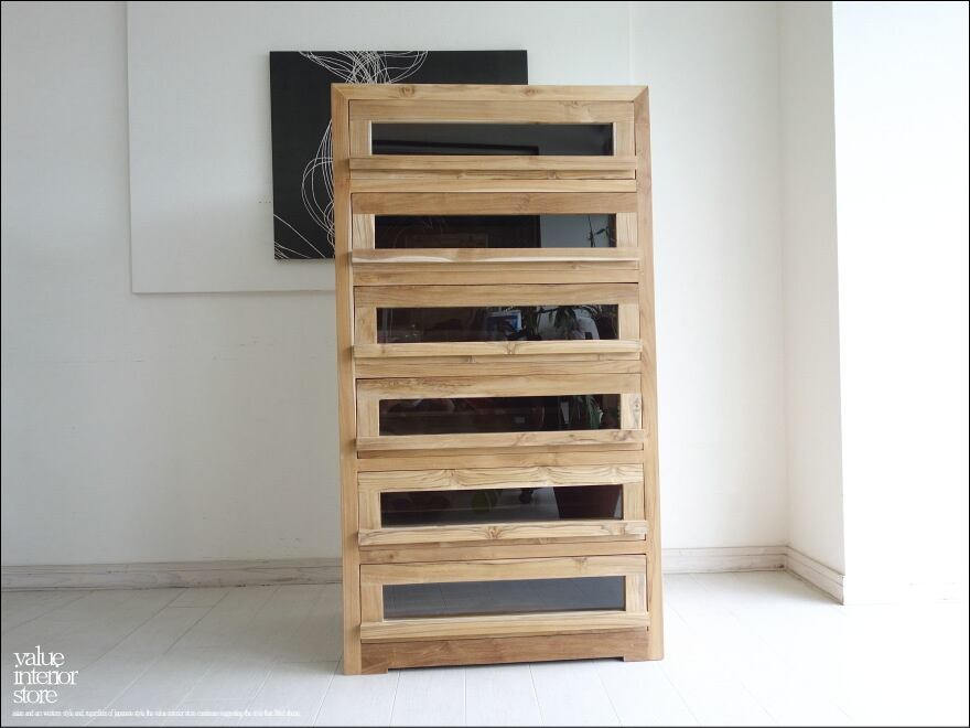 「 サクライ様 オーダーチェスト 」 チーク総無垢材 前面ガラス引出六杯N 食器棚 チェスト キャビネット 収納棚 シンプル 箪笥 手づくり ナチュラル 無垢 銘木家具