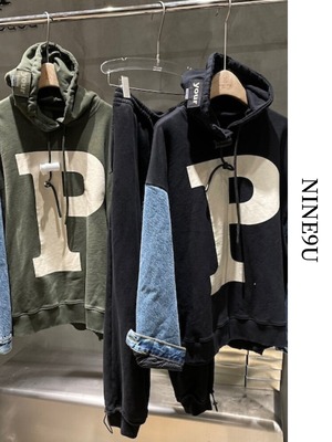 pressure line denim stitching sleeves hooded hoodie【NINE4906】