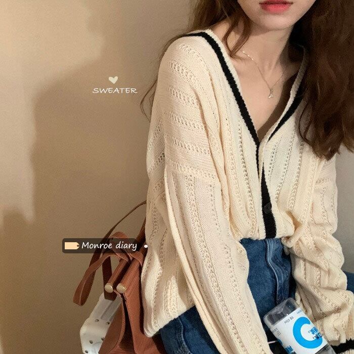 スタンダードVネックセーター カーディガンスプリングルーズニットクロップドトップス コート レトロ 春物 モンロー24416359252