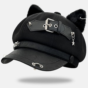 リングバックルラメロゴスカルスタッズ猫耳ブラックキャップ(lli_6352)