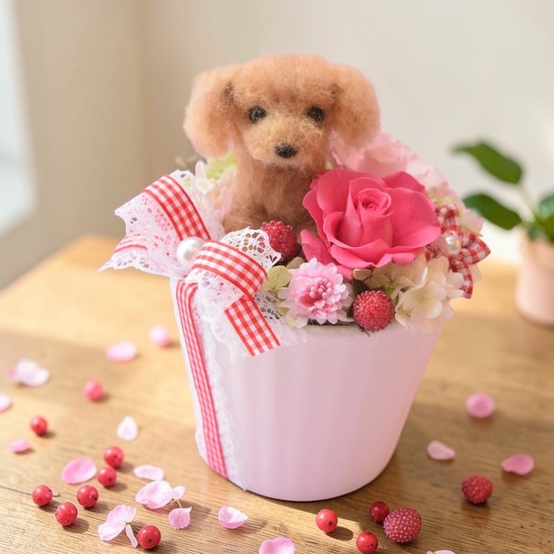 わんこわんこさま専用　お値下げ！フェイラー花柄（赤い花）ベットカバー ドールとお花2輪【オーダーメイドで愛犬・愛猫の羊毛フェルト・お供え