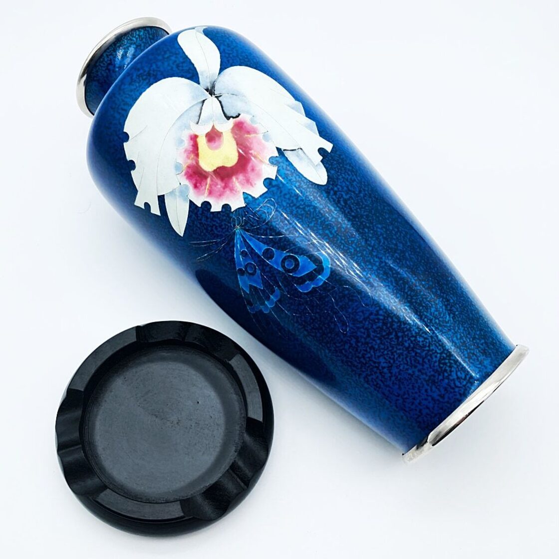 七宝焼 花瓶 青地縞釉 ブルー 花と蝶 花入 だいきち七宝工房 作家物 台 