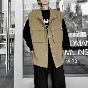 FASHION POCKET STAND COLLAR VEST STUDDED DESIGN LOOSE FIT S-1393