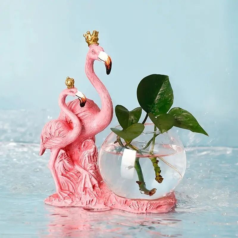 フラミンゴとガラスの花瓶 フラワーベース 花器 一輪挿し 水耕花瓶