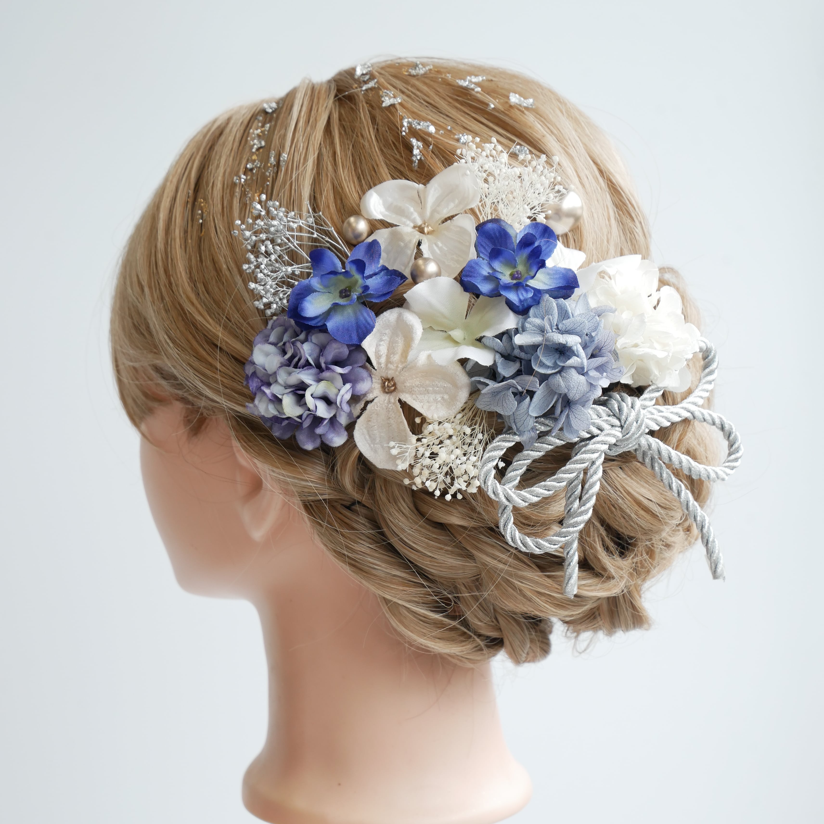 A232 小花 シルバー ブルー リボン ウェディング・結婚式・成人式・卒業式