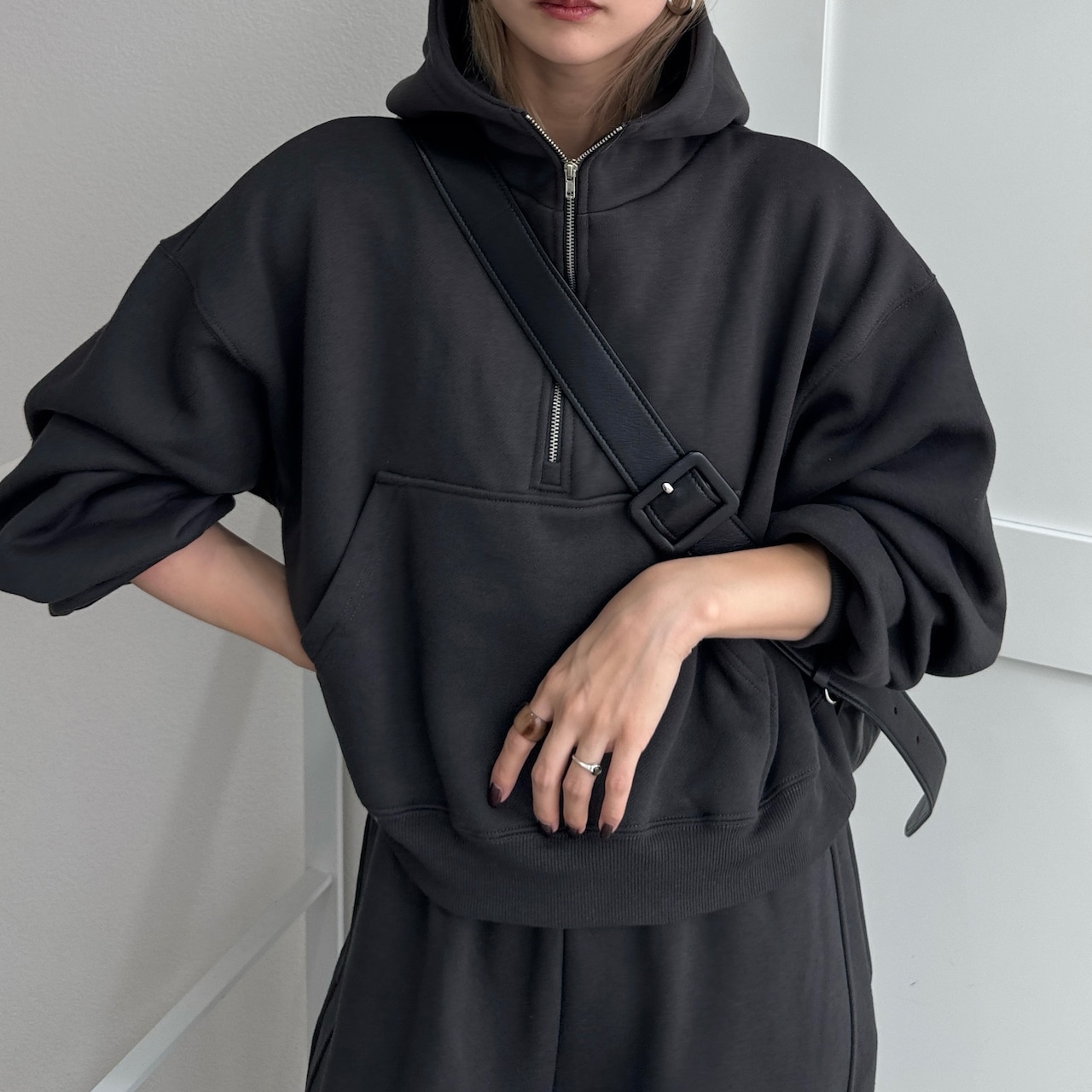 裏起毛ハーフZIPショート丈PK/チャコール