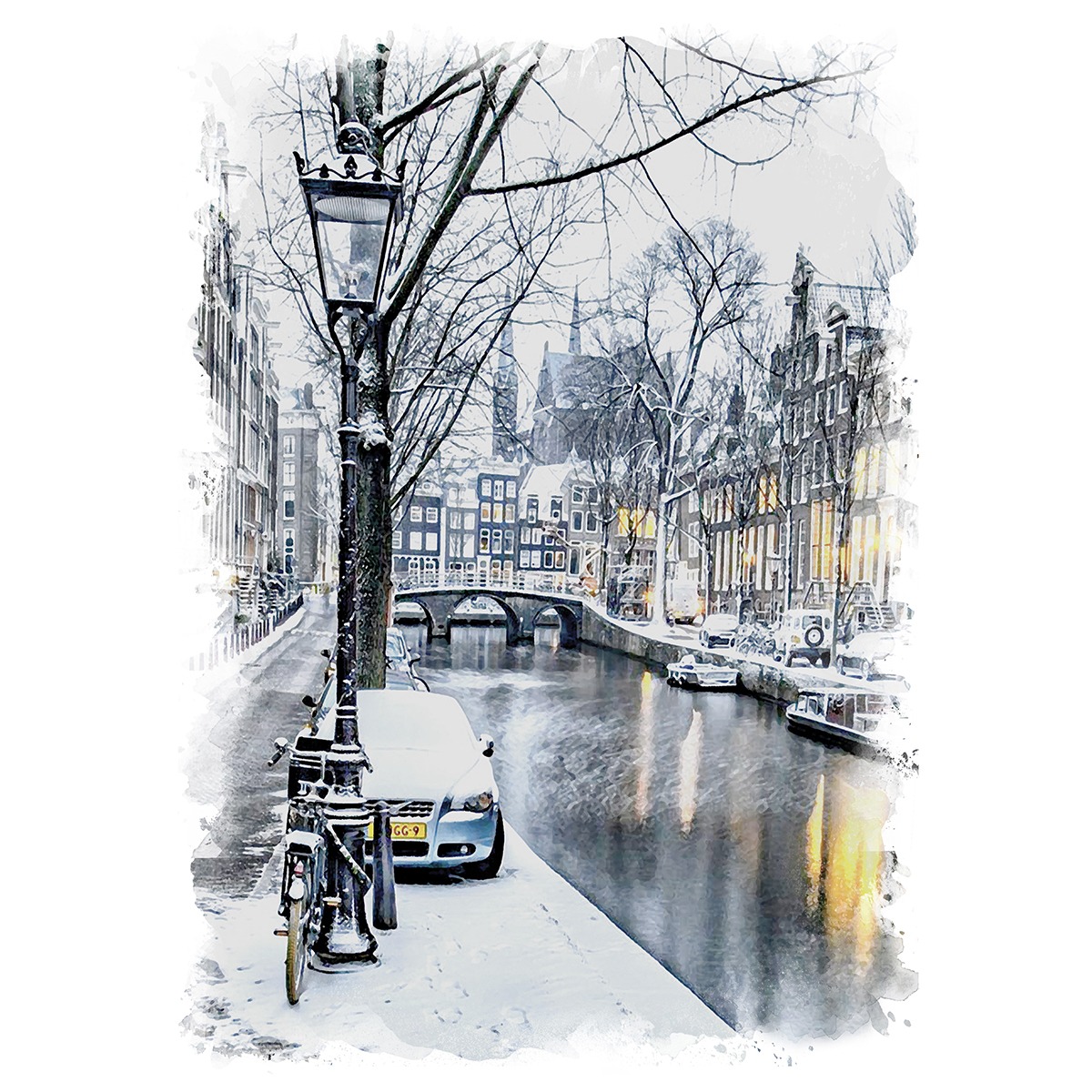 絵画 風景画(街並み) 冬 雪のオランダ アムステルダム インテリアアート額付き 水彩画・油絵調 WAT0525 | インテリア絵画の専門店 ...