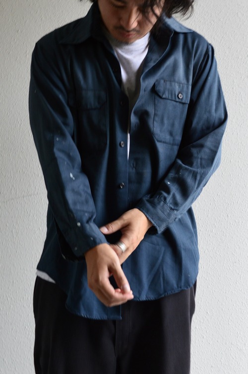 1960's Vintage Cotton Rayon Gabardine Work Shirt Vintage Condition Fade Ink Navy ビンテージワークシャツ 60s レーヨンギャバジンシャツ
