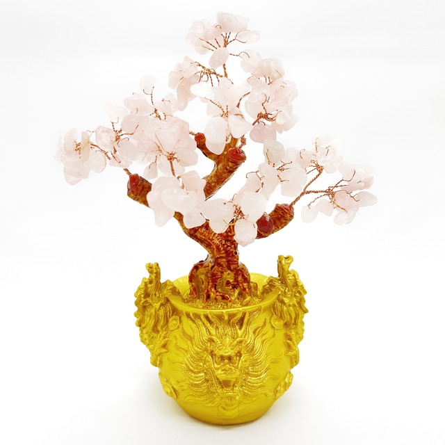 招財樹 壺型 ローズクォーツ 龍 風水置物 インテリア 金運祈願 開運 商売繁盛祈願