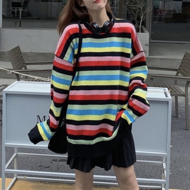 カラフルニットトップス ボーダー ニット ニットソー 長袖 ゆったり ルーズ カジュアル 大人 デート お出かけ 旅行 女子会 韓国 韓国ファッション オルチャン 可愛い おしゃれ レディース Fa1095 Musubi Me 韓国 オルチャン レディースファッションのお店