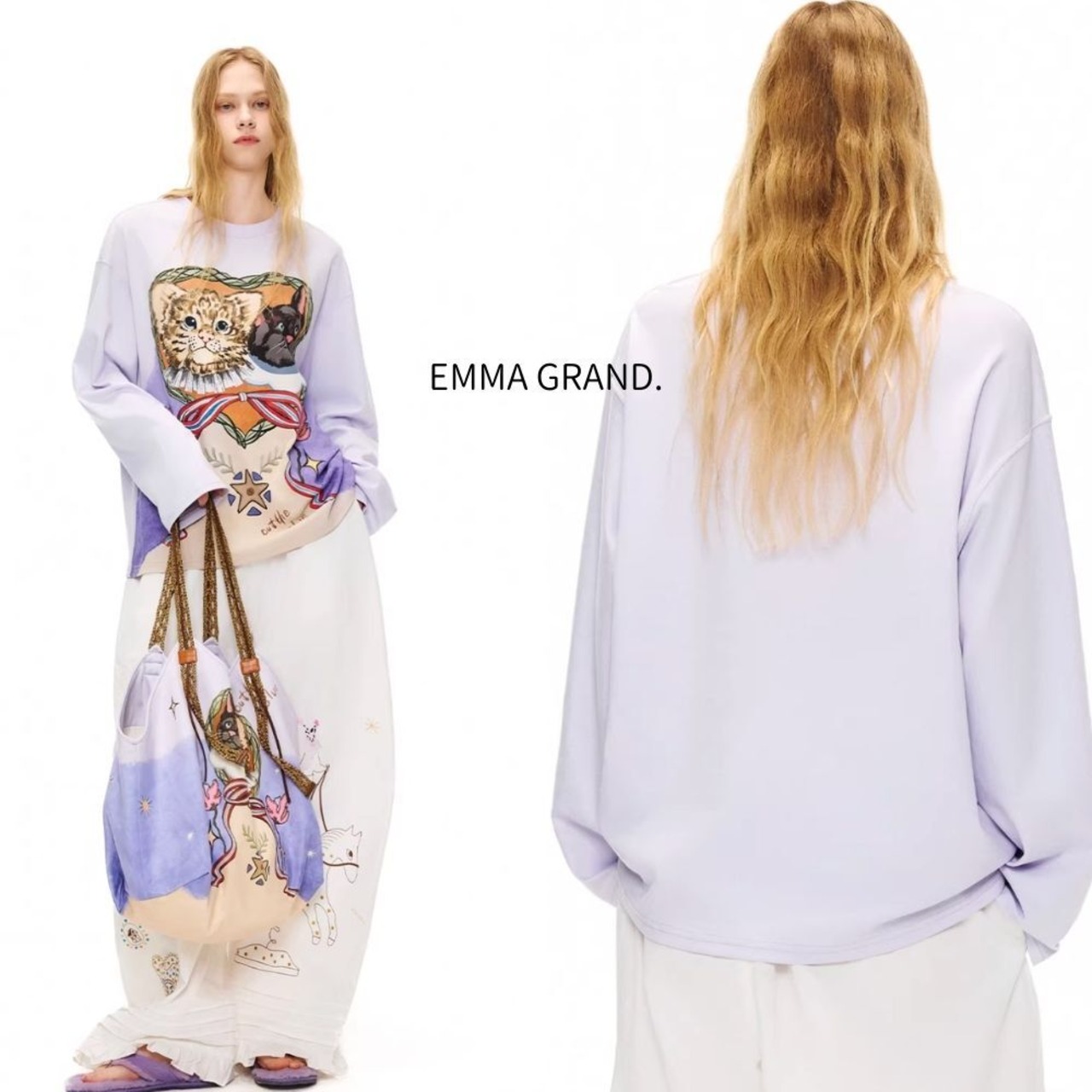 星飾りのハートフレームに並ぶ二匹の猫長袖トップス E00649