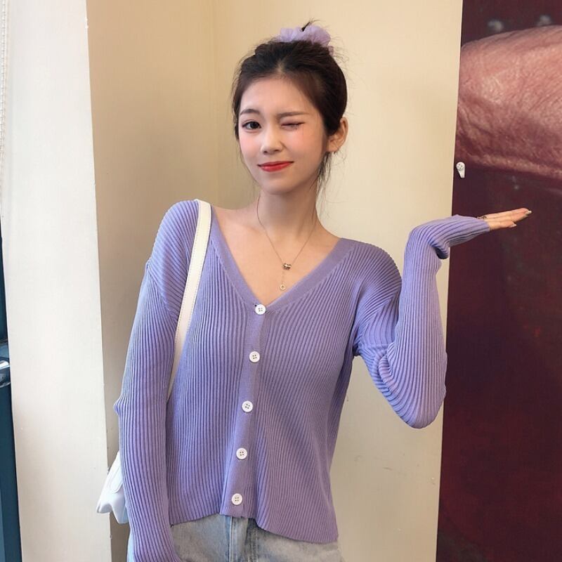 2020年秋パープルブラウスレディース春秋ホワイトVネックアイスシルクニットカーディガンジャケット薄手のレディースサンプロテクションシャツ 1号婦人93978658963