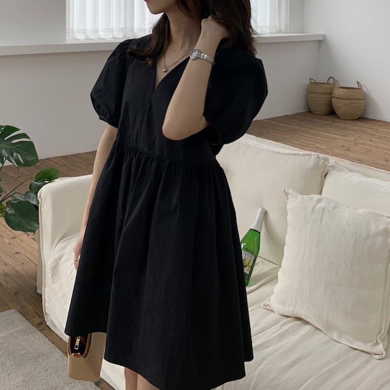 スリーブドレス レディースサマールーズブラックショートVネック 夏物 ビッグFスモールZ韓国51237520038