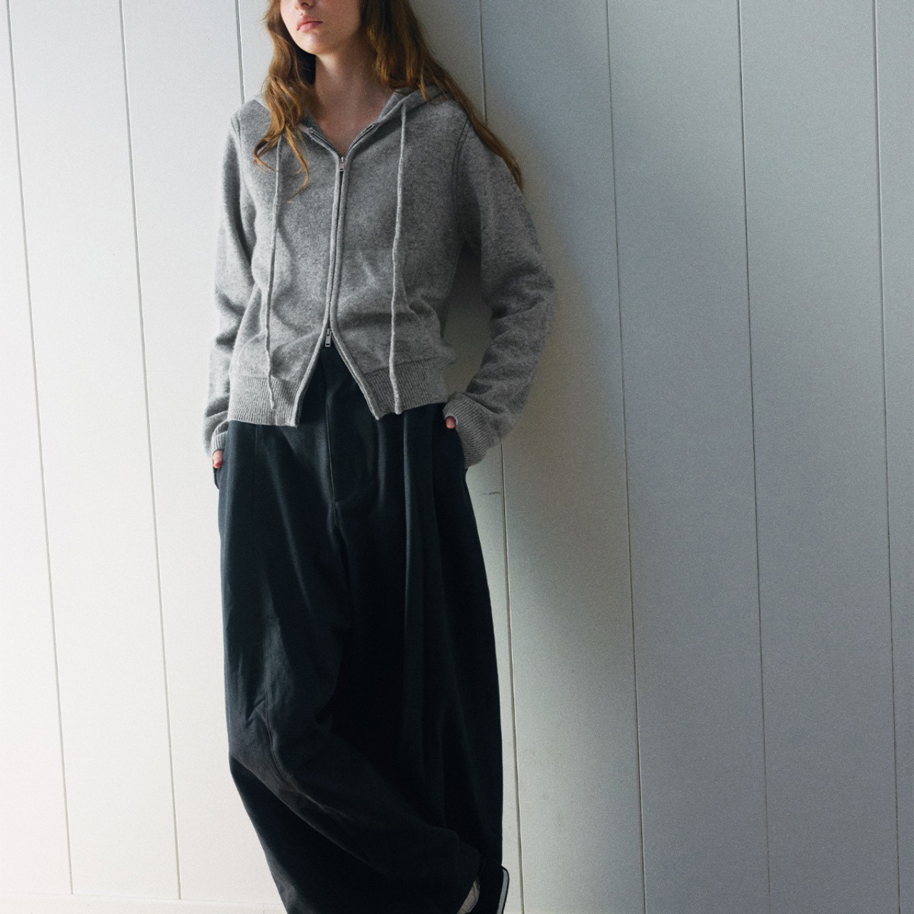 Zip-up Hip-length Knit Hoodie  T3866