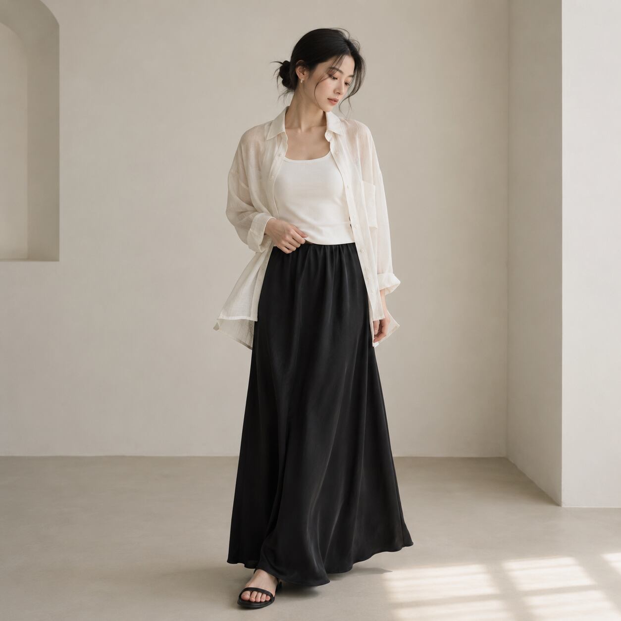 SATIN LIKE DRAPE LONG SKIRT