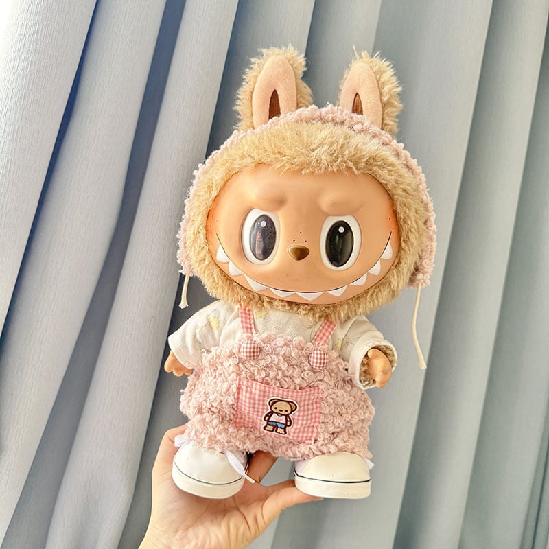 Labubu ぬいぐるみ set 8点 38cm Labubu/MOKOKO用 秋冬 ふわふわ チェック柄サロペット+帽子+靴