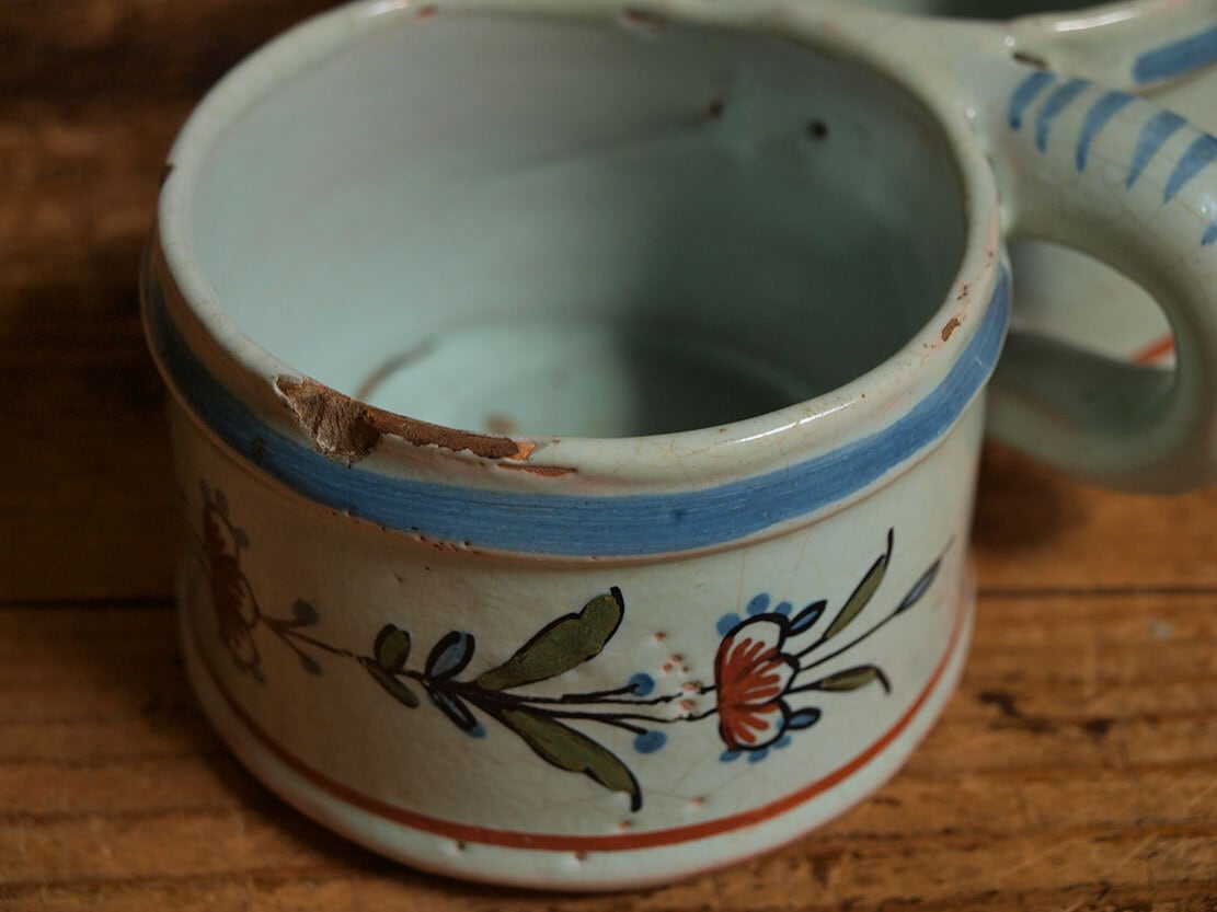 白い陶器のスパイス入れ 絵付け オイル入れ 19世紀 古陶 ラロシェル窯