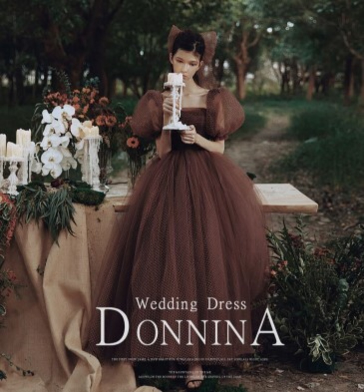 美品！ パーティードレス コーヒーの色 ミディアムドレス パフスリーブ  