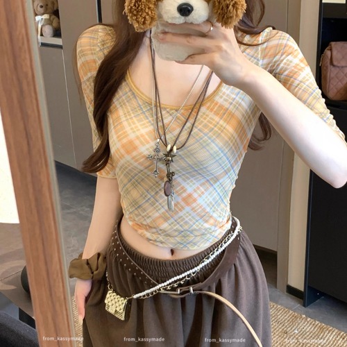 2種／Uネックバイアスチェッククロップドトップス ・72024