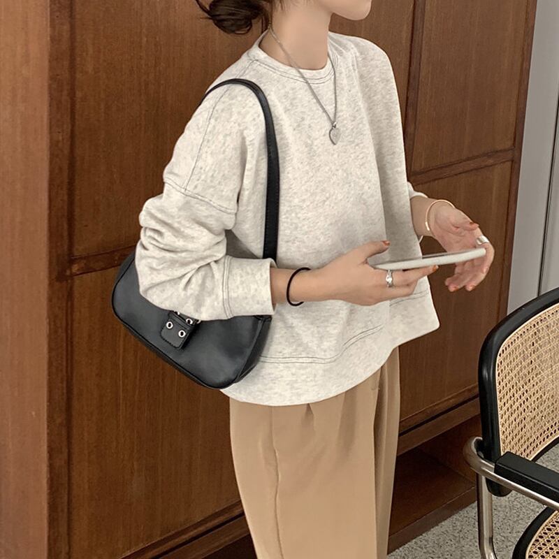 オータムウィンターレッドグレーラウンドネックセーター ルーズショートプルオーバー トップス 秋物 冬物 Oネック スーパーモール23535547371